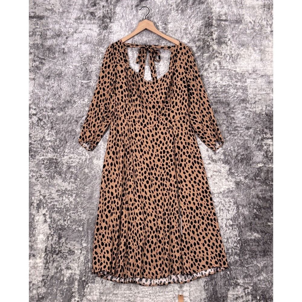 New Reformation Dress 16 Womens Animal Print Long Sleeve Tie Back Midi / Maxi